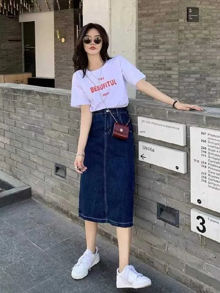 

High Waist Mid-Length A-Line Denim Skirt for Women Spring New Sle Deep Blue f-length Skirt with Ba Split Commute Sle