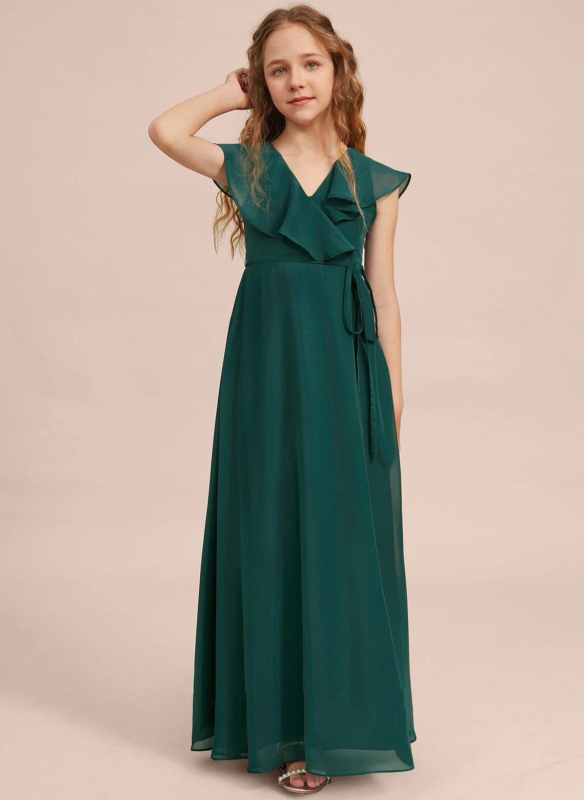 

YZYmanualroom A-line V-Neck Floor-Length Chiffon Junior Bridesmaid Dress /Custom Made