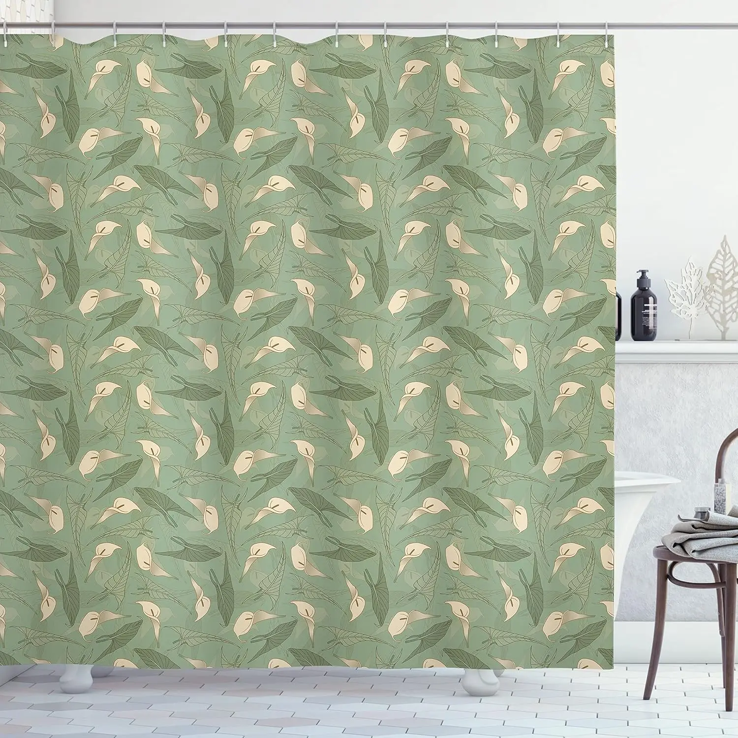 

Green Calla Lily Shower Curtain Botanical Leaf Pattern Nature Inspired Bathroom Decor Linen180x220