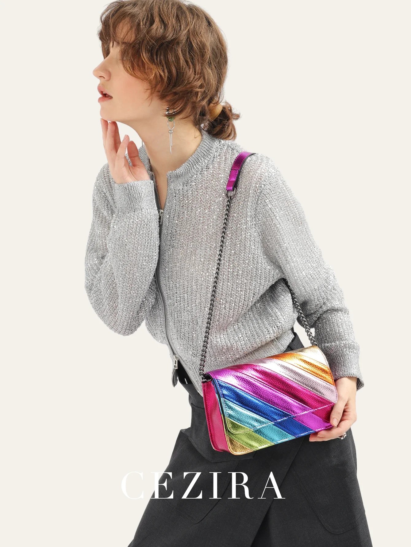 CEZIRA Fashion Small Rainbow Colorful Stripes Handbag Women PU Leather Patchwork Square Flap Metal Chain Cross Body Shoulder Bag