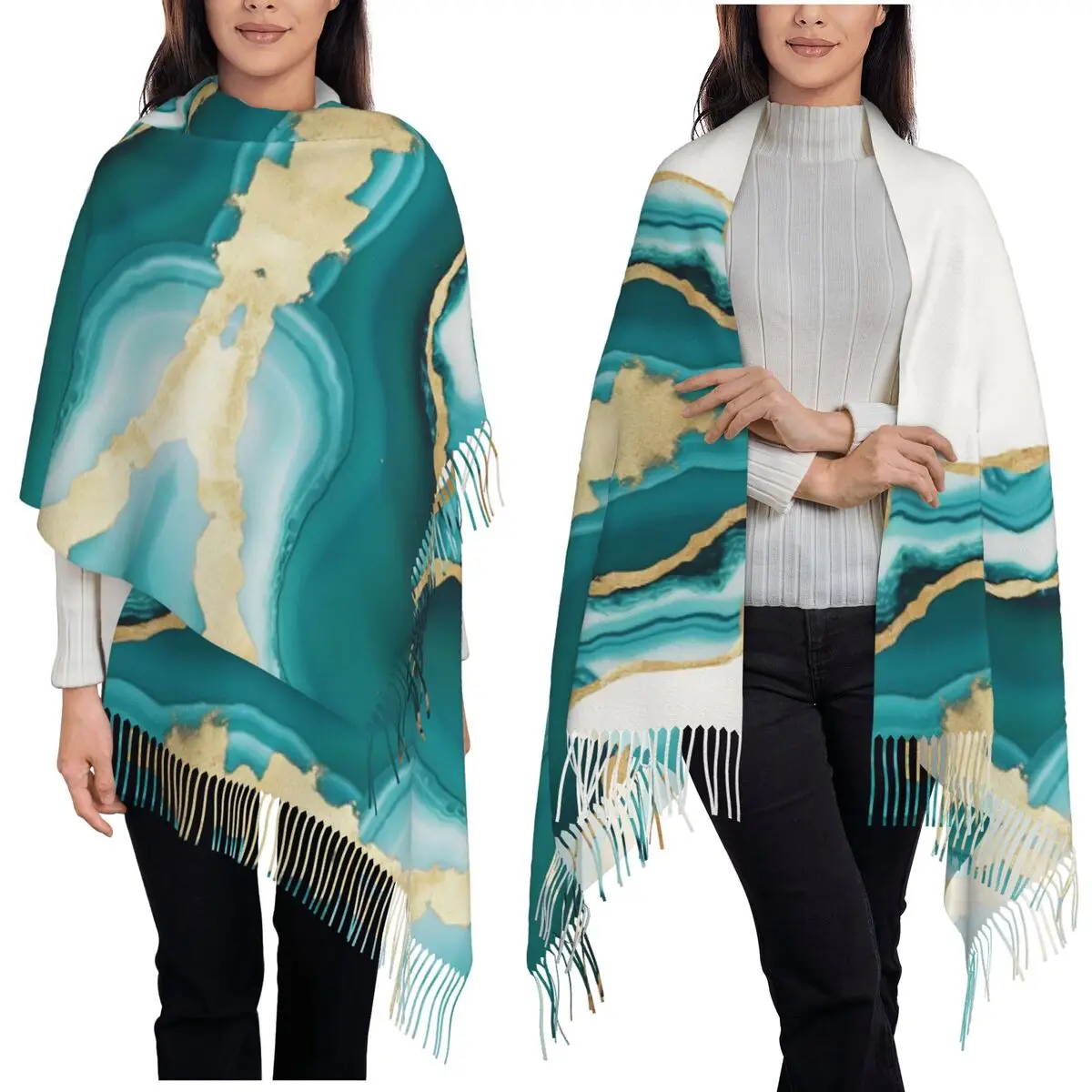 

Стильный бирюзовый синий и золотой оттенков, мраморный агат, современный геометрический шарф, шарфы с кисточками, шали и накидки, длинная осенне-зимняя шаль