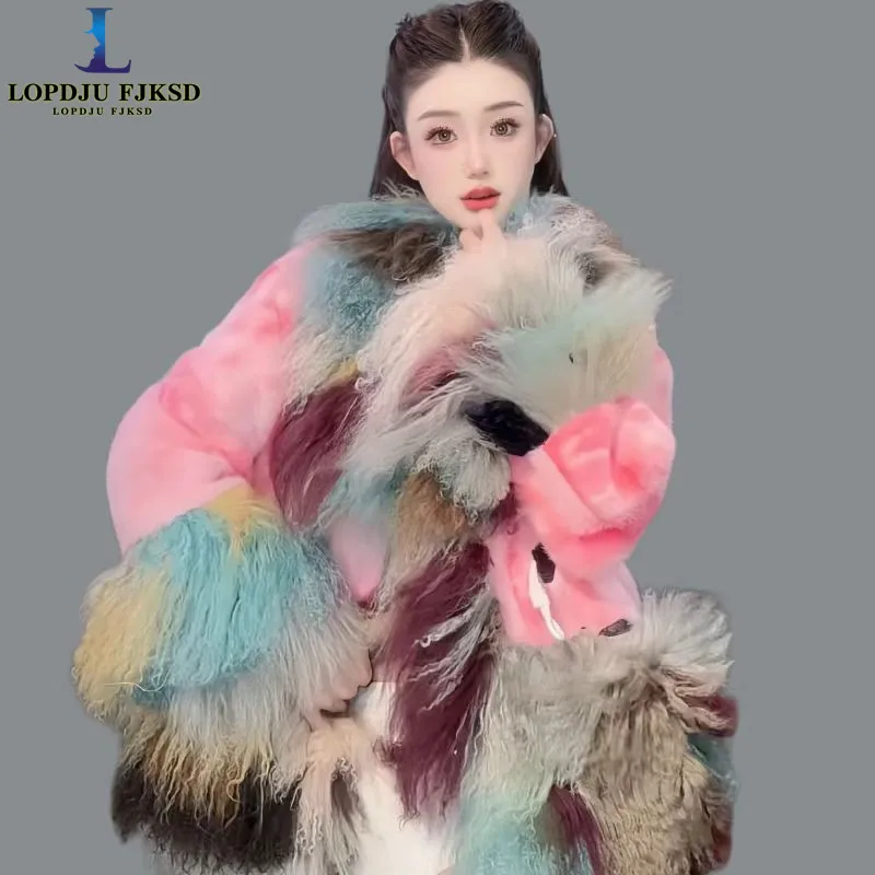 Faux Mongolia Sheep Fur Coat for Women,Covered Button Jacket,Female Clothes,O-Neck,Spliced,Thick Warm,Autumn and Winter,2025