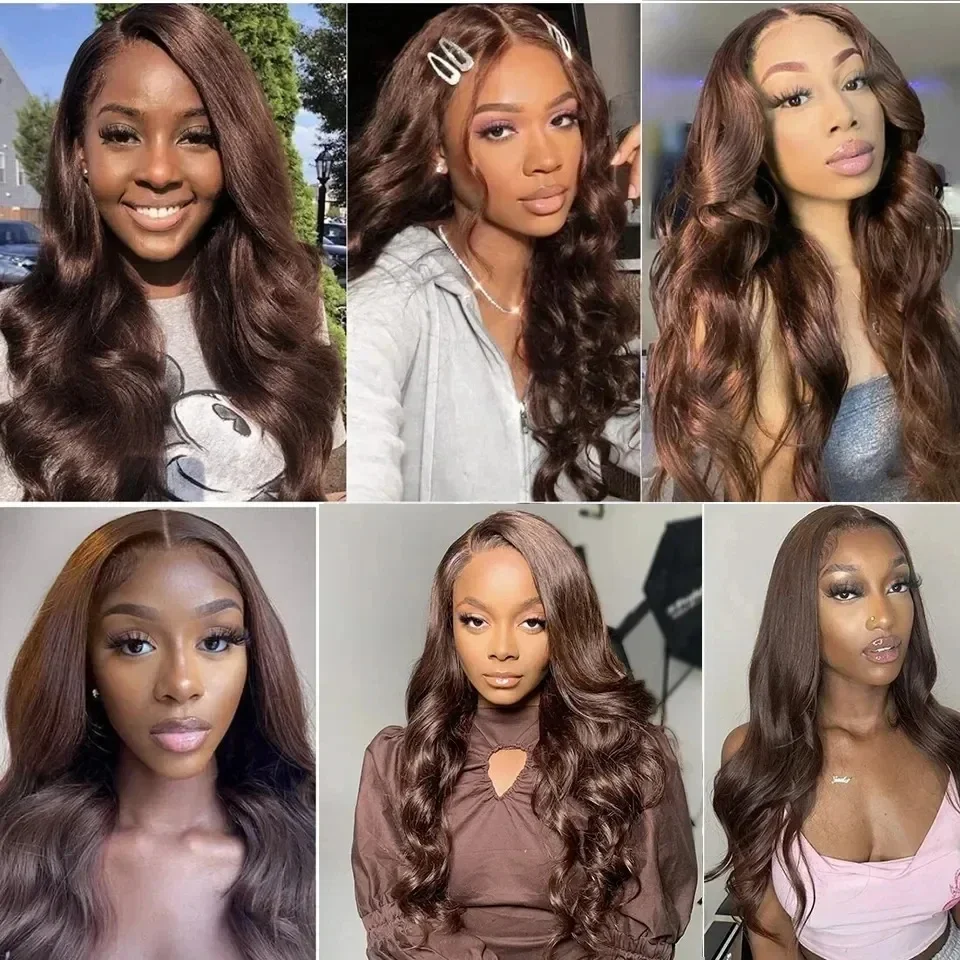 Perruque Lace Front Wig Body Wave Brésilienne Naturelle, Cheveux Humains, Brun Chocolat, 13x6 HD, Densité 200, #4, pour Femme