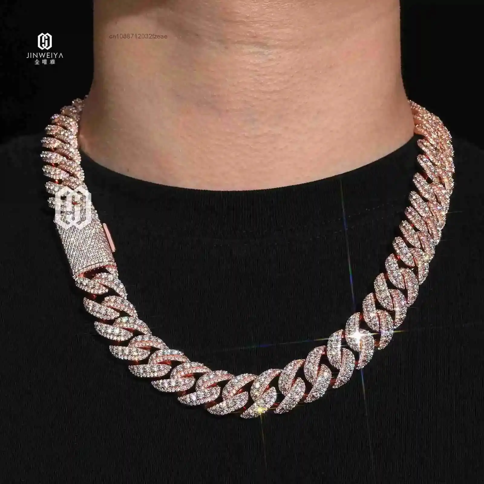 Luxury VVS Moissanite 16MM Raised Cuban Link Chain Rose Gold Plated Brass Iced Out Pass Diamond Tester Hip Hop Jewelry.