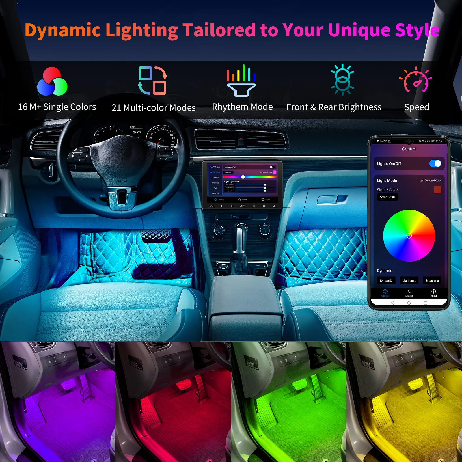 ATOTO CI-FLT01 Car LED Lights, Smart Interior Lights with App Control, 160 LEDs RGB Inside Car Lights with DIY 21 Music Modes 16 Million Color Switching-Independent Control of Front and Rear
