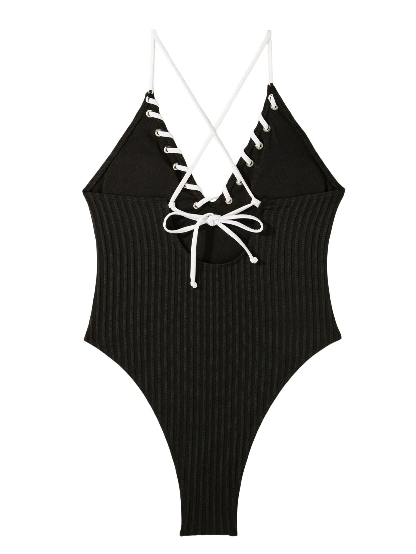 สีดํา Ribbed ลึก V คอผู้หญิงชุดว่ายน้ําข้ามสายรัดด้านหลัง One Piece เซ็กซี่บิกินี่ตาไก่สายรัดผู้หญิงชายหาดชุดว่ายน้ํา