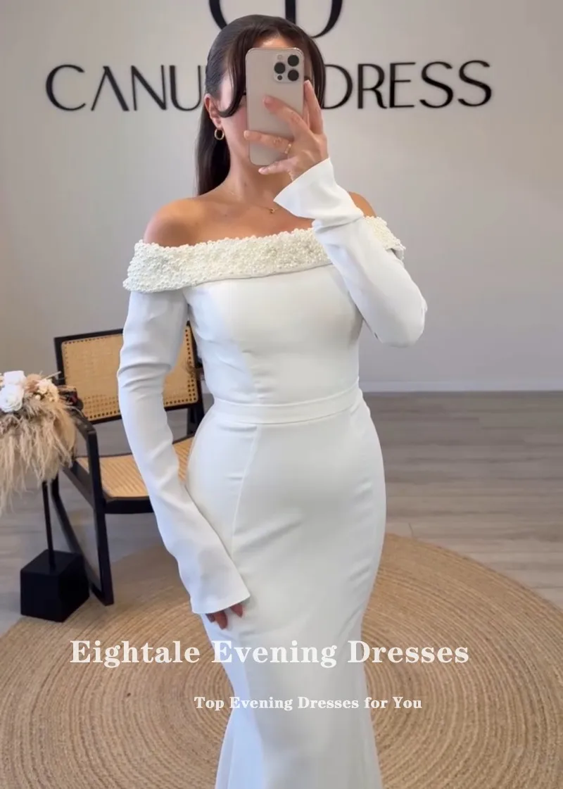 Robe de soirée arabe de quatre-quarts, personnalisée, perlée avec perles, manches longues, en Satin extensible, sirène, robes de bal de mariage