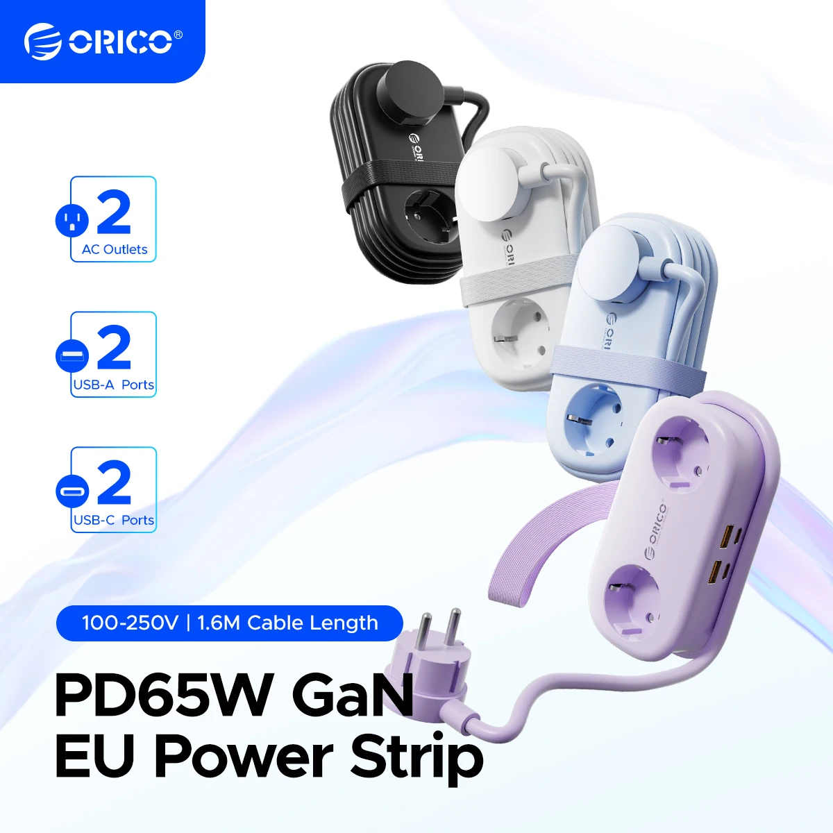 ORICO Cable-Wrap Portable Travel Power Strip 65W GaN Fast Charging Station with 2 AC Outlets 2 USB 2 Type-C EU Plug Adapter Home