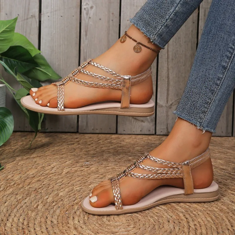 New Golden Style Best-Selling Plus-Size Casual Footwear Women's Summer Round-Toe Non-Slip Comfortable Flat Sandals Fashionable