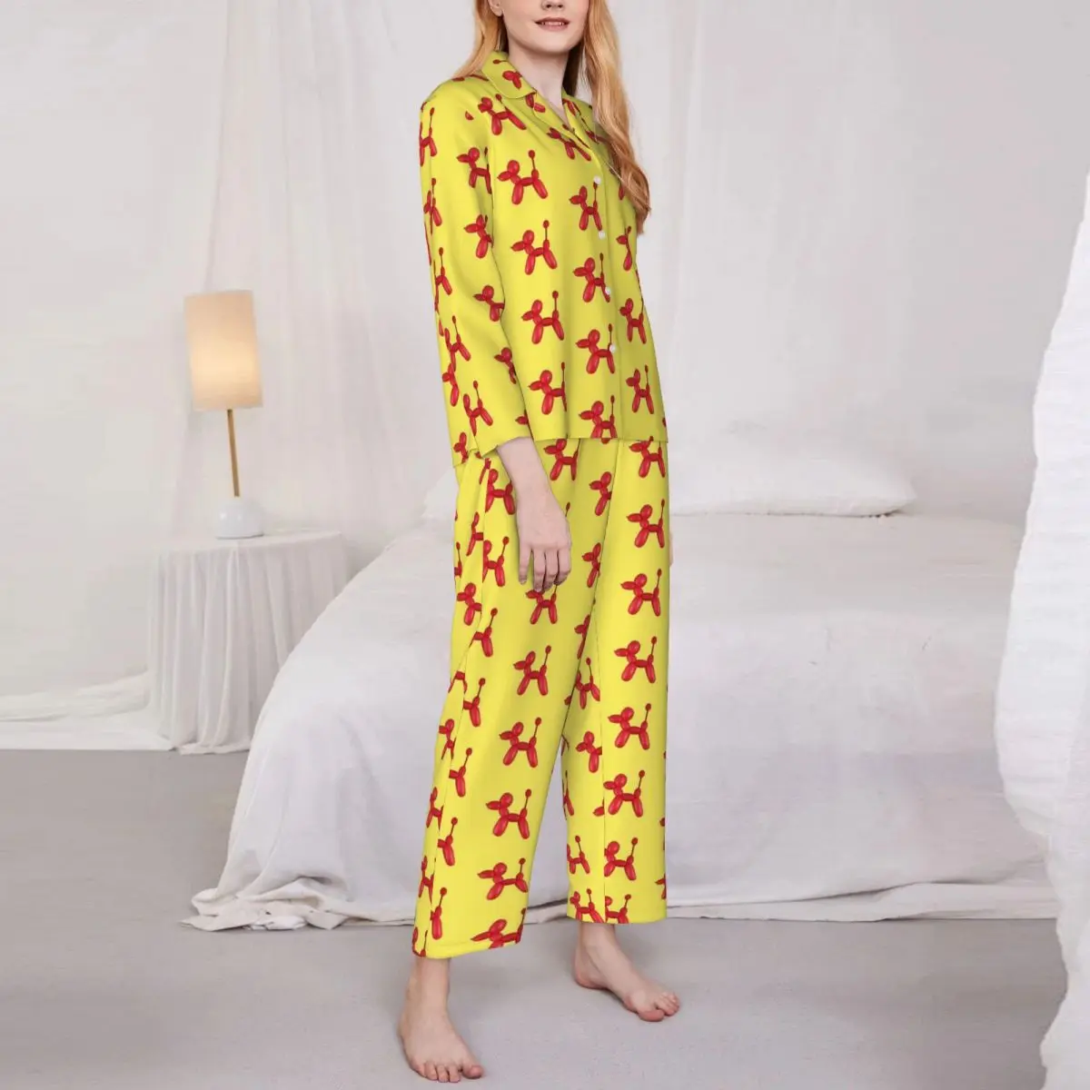 Pajamas Women Red Balloon Dog Bedroom Nightwear Cartoon Animal Two Piece Casual Pajama Sets Long-Sleeve Oversized Home Suit