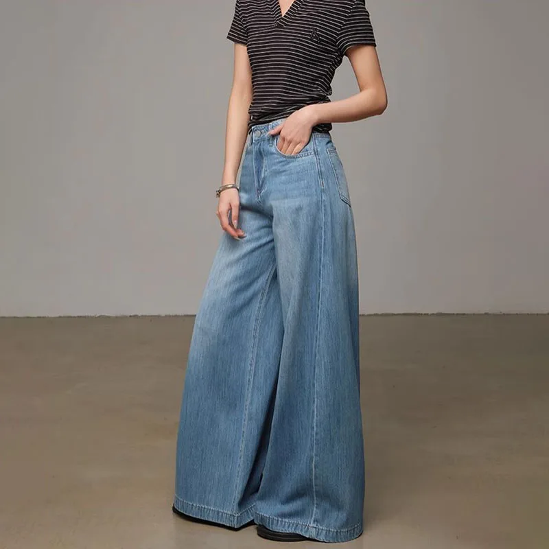 

Женские джинсы из тенселя с высокой талией, свободные прямые широкие повседневные джинсовые брюки, модные синие весенне-летние новые женские брюки