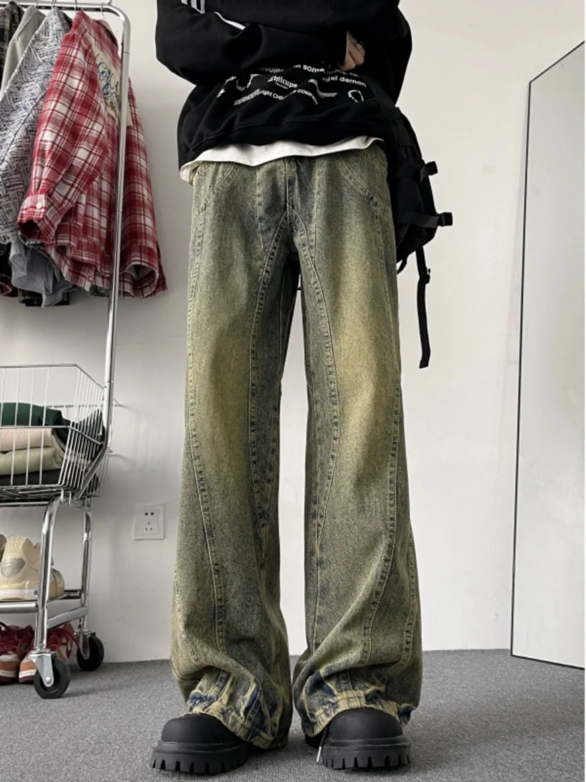 

Retro American Denim Jeans Men's Washed Vintage Straight Leg Bell Bottoms Trendy High Street Style Autumn Fashionable Jeans
