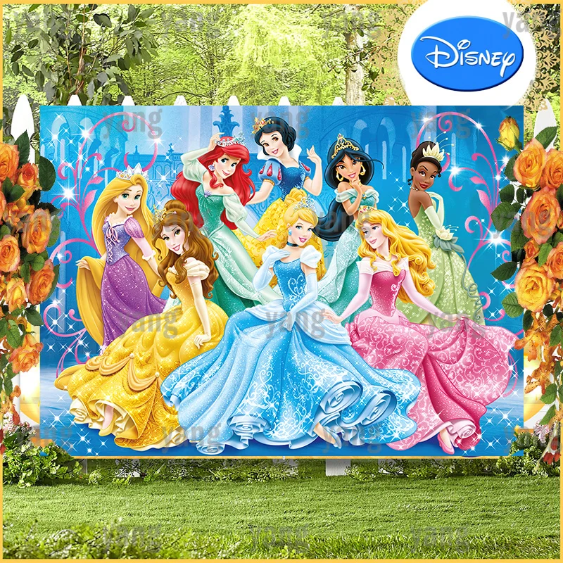 

Cartoon Princess Belle Tiana Ariel Snow White Jasmine Aurora Cinderella Backdrop Happy Birthday Party Photography Background