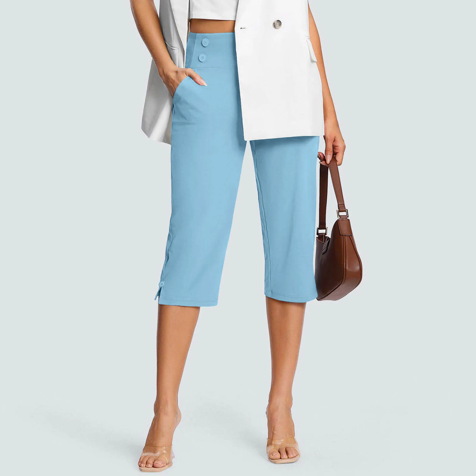 Women's Pure Color Straight Pencil Pants Elastic Waist Pockets Split Hem Button Decor Casual Pants Multi Colors Basic Trousers