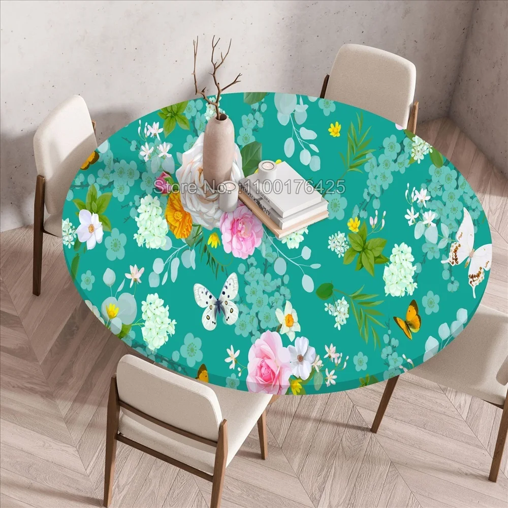 Plant and Flower Round Table Cover Waterproof and Elastic Dining Table Cloth Pink Green Tablecloth for Kitchen Home Textiles