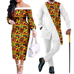 SEA&ALP African Kente Prints Couple Clothes for Wedding Dashiki African Women Dresses Matching Men Outfits Pant Sets