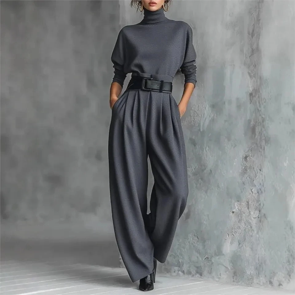

Spring Autumn High Collar De Jong Long Sleeve + Suit Made Women 2-piece Set With High Waist Belt Casual Fashion Office Pants Set
