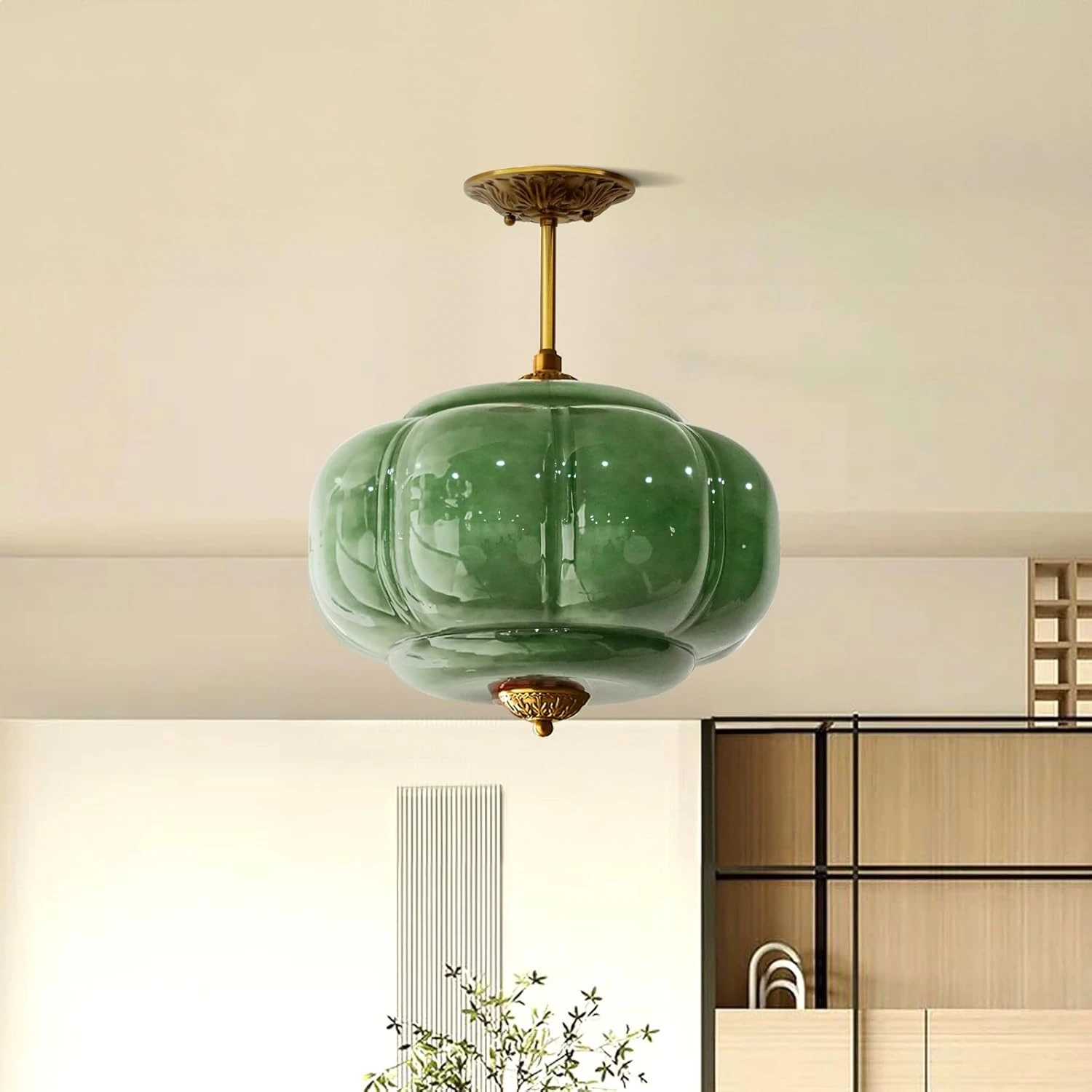 French Milk Glass Pendant Light Retro Scallop Pendant Lamp For Living Room Kitchen Corridor Home American Green Glass Chandelier