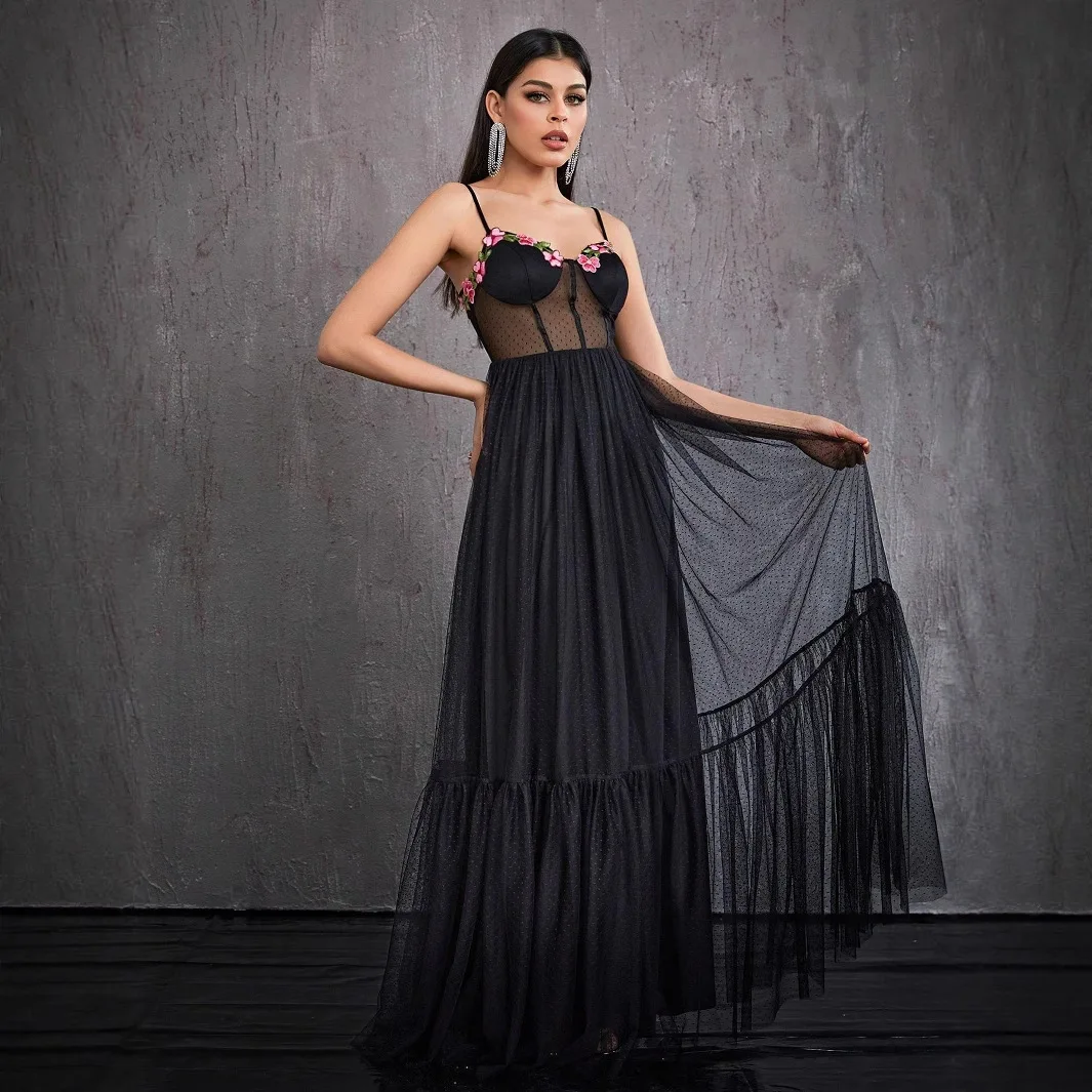 Czarna sukienka na ramiączkach, nowa, dopasowana, prześwitująca, seksowna sukienka wieczorowa dla kobiet, sukienka letnia 2025, elegancka sukienka damska, robe, vestido.