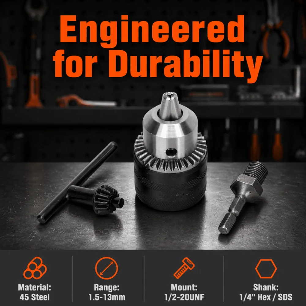 1.5-13mm Capacity Keyed Drill Chuck 1/2-20UNF Mount Quick Connect Change Drill Bit Adapter 3 Jaw Design 1/4