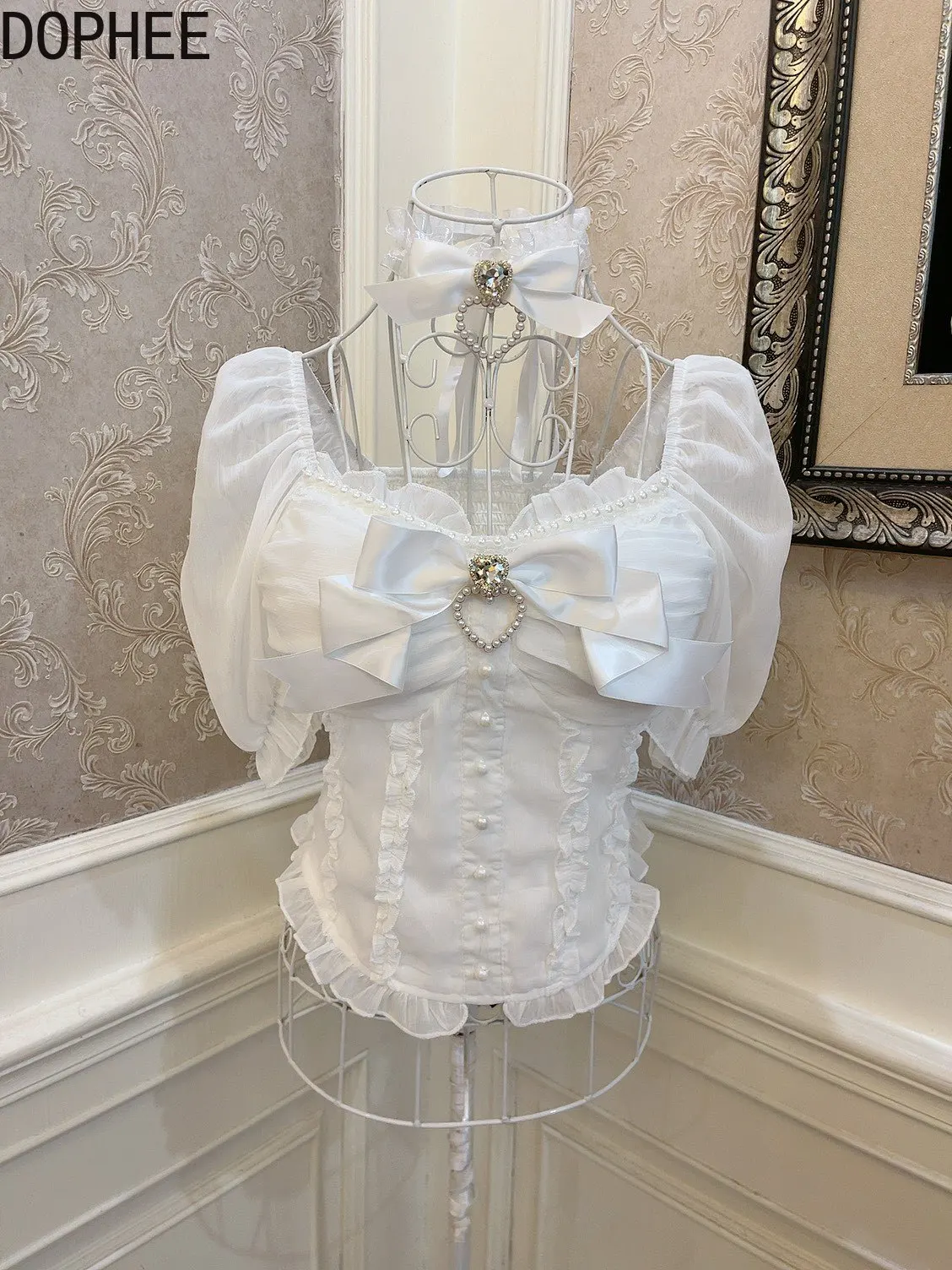 

Милые рубашки принцессы Лолиты, женские рубашки с короткими рукавами и бриллиантами, элегантные укороченные блузки с высокой талией и оборками для девочек, топ