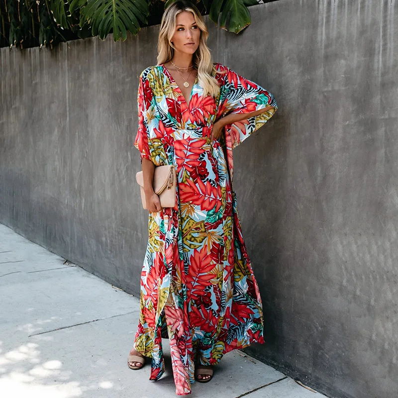 Bohemian Printed Kaftan Women Beachwear Tunic Beach Cover up Saida de Praia Swimsuit Bikini Cover-ups Pareo Sarong