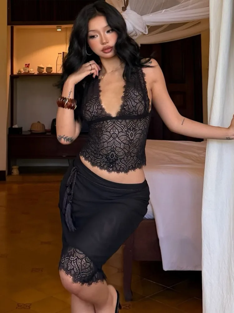 

Oniflyme Sexy V-Neck Patchwork Lace Floral Women Skirt Set Sleeveless Crop Tops Bodycon Skirt Summer Elegant Party Club Outfits