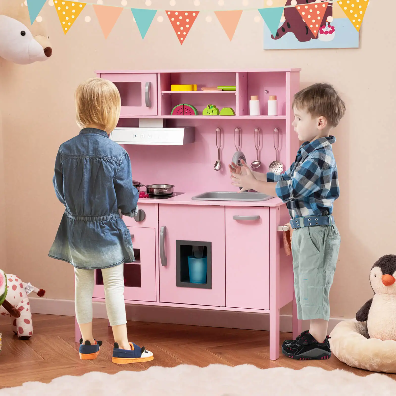 Crianças Cozinha De Madeira Finja Play Set, Chef Toy, Microondas e Acessórios