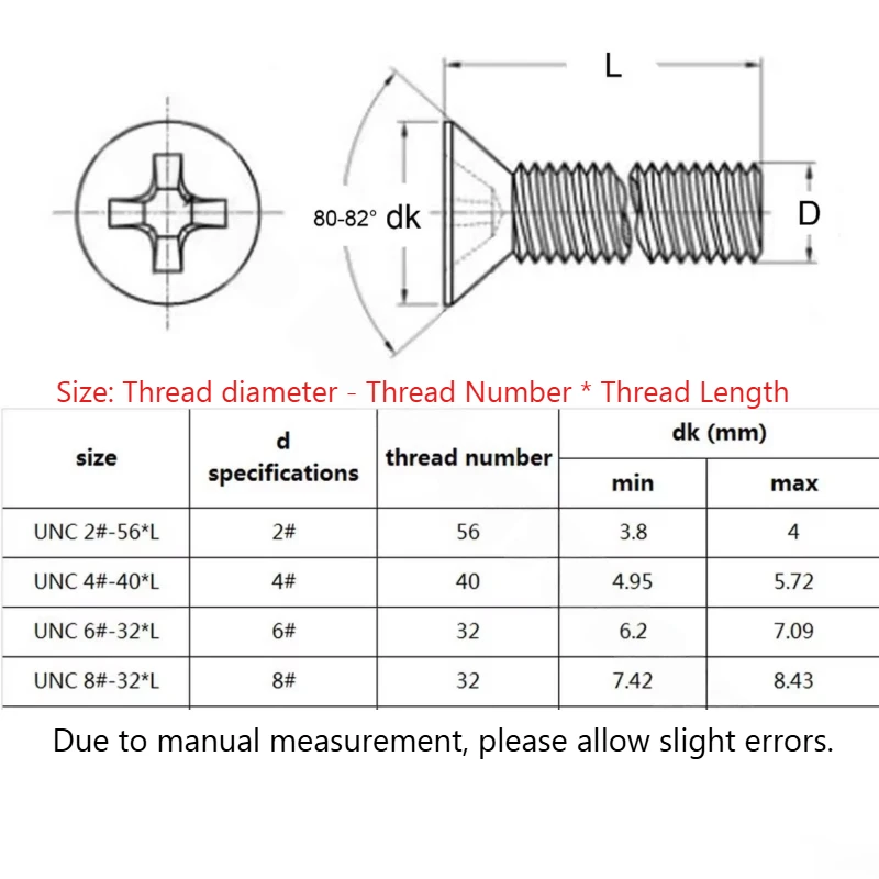 1-50pcs UNC 2#-56 4#-40 6#-32 8#-32 304 Stainless Steel Cross Phillips Flat Countersunk Head Screw Bolt Length 5/32