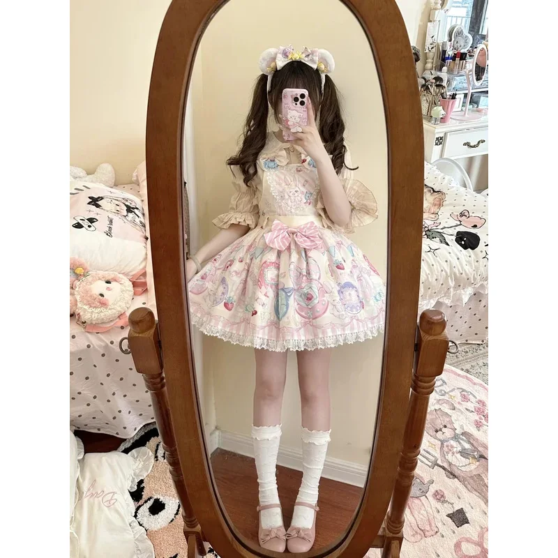 Harajuku Japanese Original Lolita Sweetheart Knot Strap Set Pink Bow Tea Party Girls Suit Birthday Gift Kawaii Clothing Spring