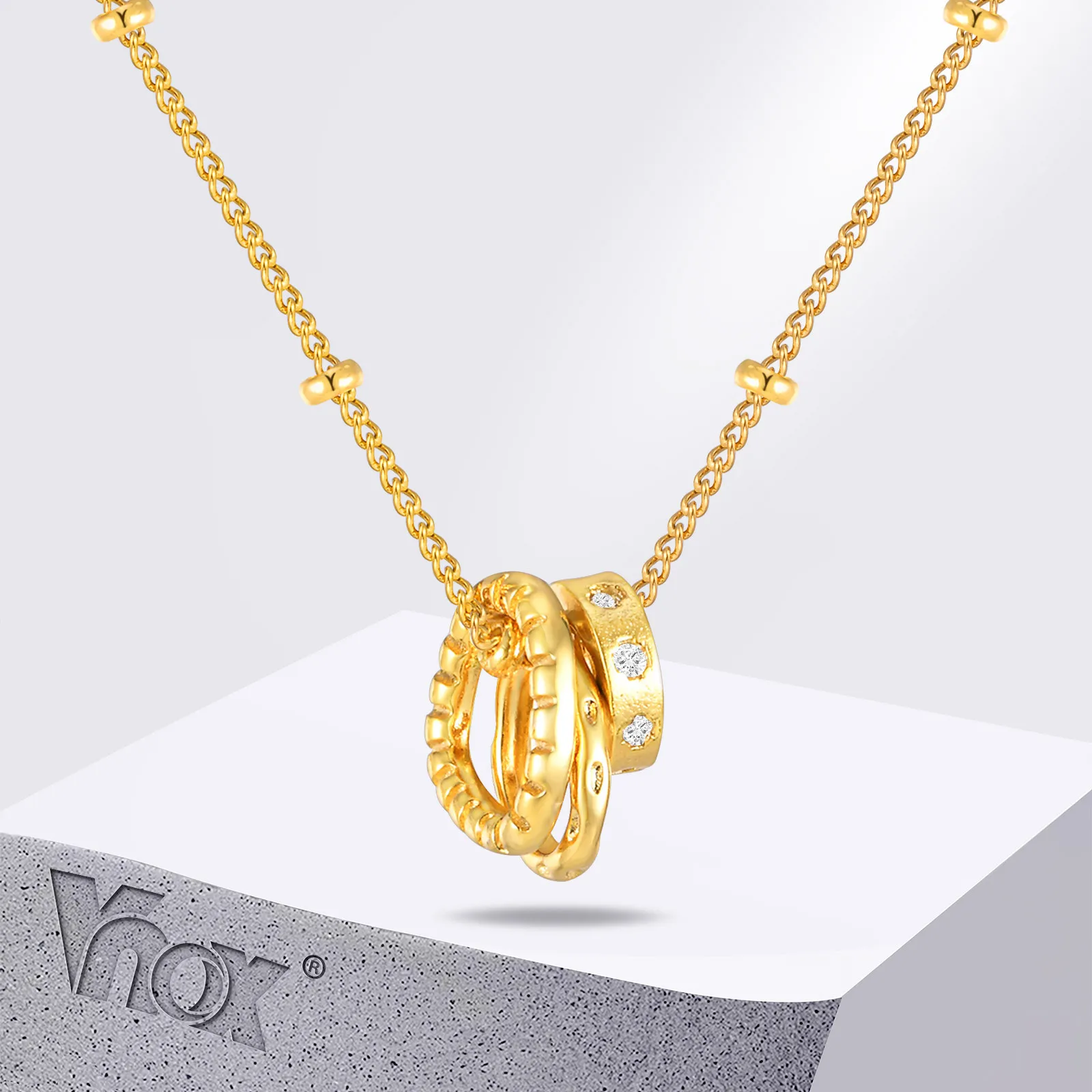 Vnox Small Circles Rings Pendant Necklaces for Women Girls, Gold Plated Beads Chain Chokers,Zircon Stones Jewelry