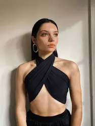 Black Sleeveless Sexy Crop Tops Women Backless Lacing Camis Wireless Bralette Tanks Spaghetti Strap Halter Cropped Top Camisole
