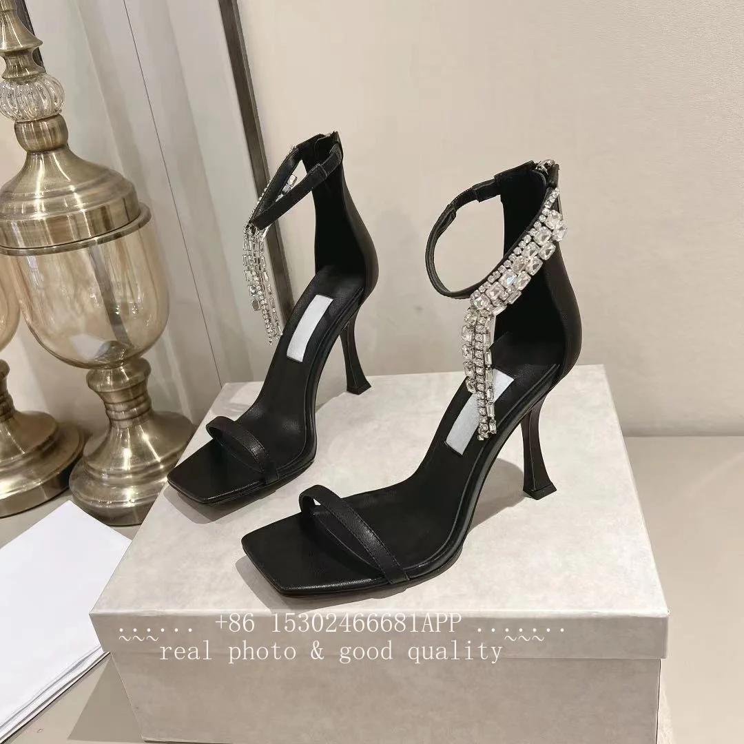 Newly designed high-end velvet rhinestone stiletto heel summer dress-up sandals with headband and half-slip-on women's shoes