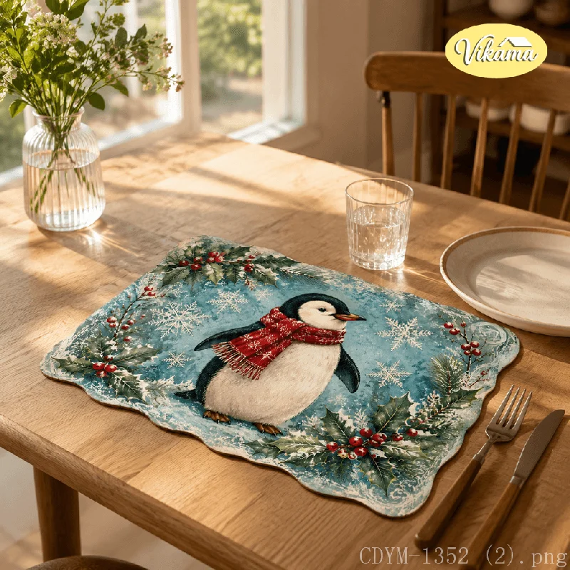 VIKAMA Christmas Placemat Penguin Snowflake Winter Print, Waterproof Oil-Proof Heat-Resistant Non-Slip Holiday Table Mat