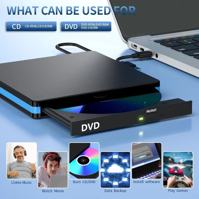 New--Portable Tray-Loading USB 3.0 DVD Drive-External CD/DVD Burner For Laptops And Desktops In Black/White