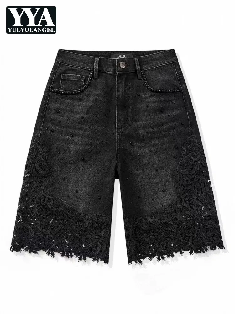 Female Summer Lace Embroidered Shorts Ladies Designer High Waisted Black Denim Short Trousers Streetwear Casual Trouser Size34