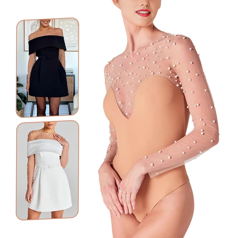 Women Pearl Bodysuit Elegant All-match O-neck Slim Hip Package Pearls Jumpsuit Party Club Stage Leotard Spring Autumn