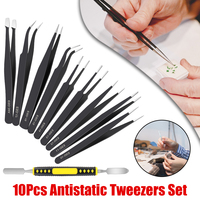 10Pcs/Set ESD Tweezers Industrial Repair Tools Stainless Steel Precision Anti-Static Curved Straight Tweezers