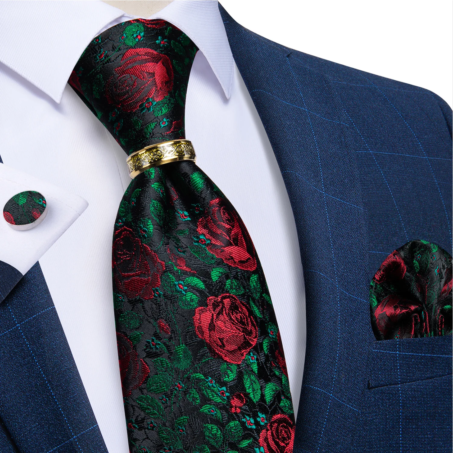 Red Rose Floral Green Silk Tie For Men With Gold Stainless Steel Dragon Ring Luxury Mens Wedding Necktie Pocket Square Cufflinks