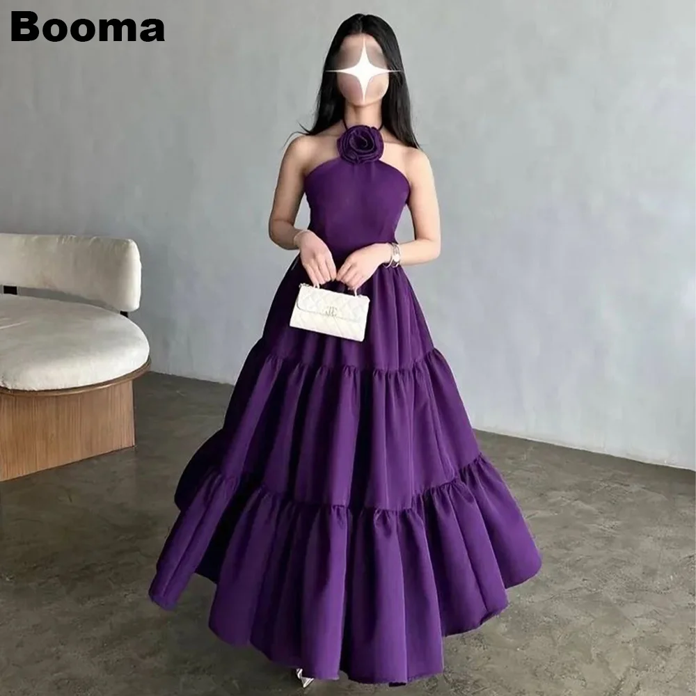 Booma Purple A-Line Prom Dresses Ruched 3D Flowers Halter Special Occasion Dress for Events Long Evening Gowns for Women