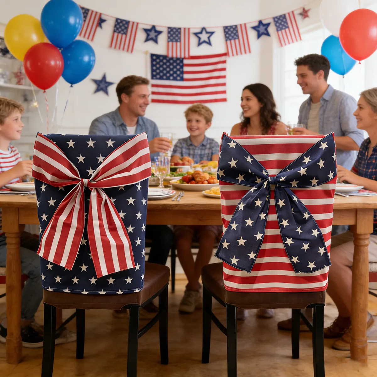 2PCS American Independence Day Chair Cover Digital Print Bow-Shaped Dining Chair Covers 250/semiquincentennial Decoration Covers