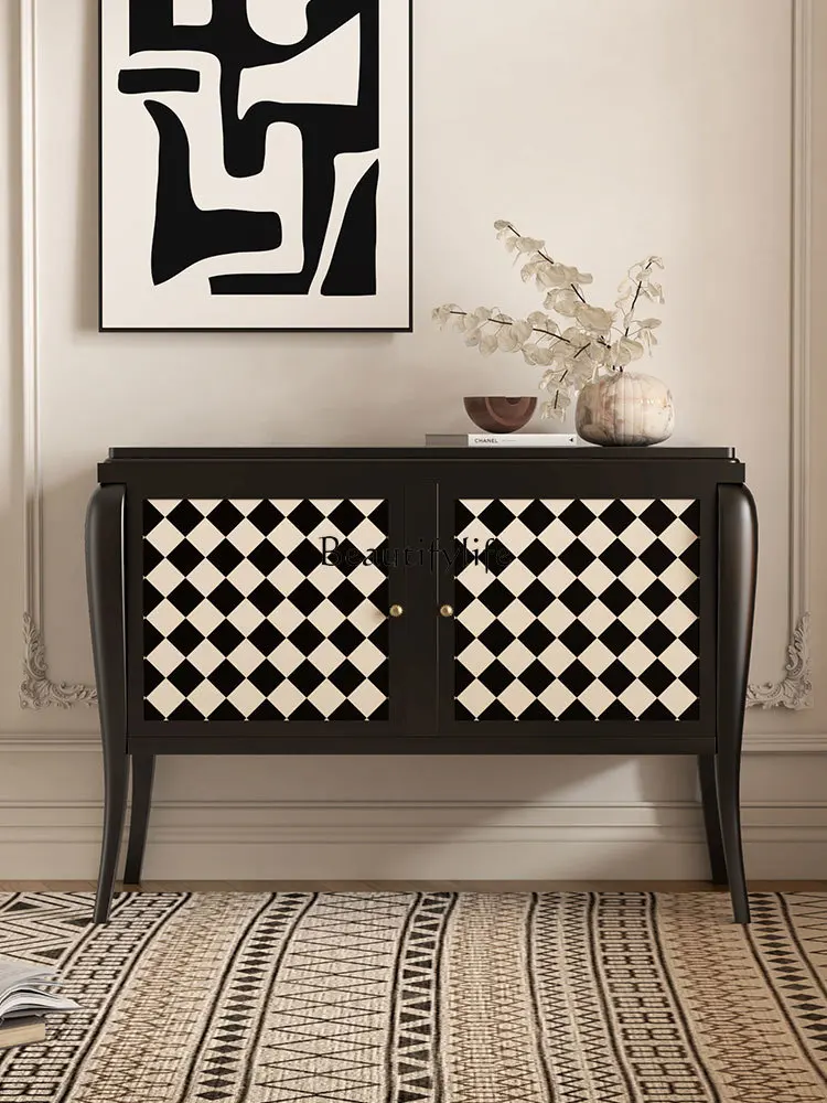 

Middle Ancient French Style Solid Wood Sideboard Double Door Black and White Plaid Storage Hallway Wine Cabinet