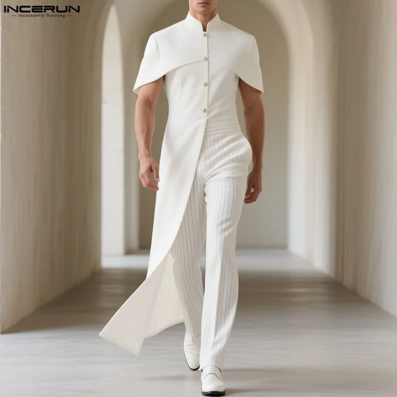 INCERUN Men Irregular Shirt Solid Stand Collar Short Sleeve Men Clothing Streetwear 2025 Fashion Casual Cloak Long Style Shirts