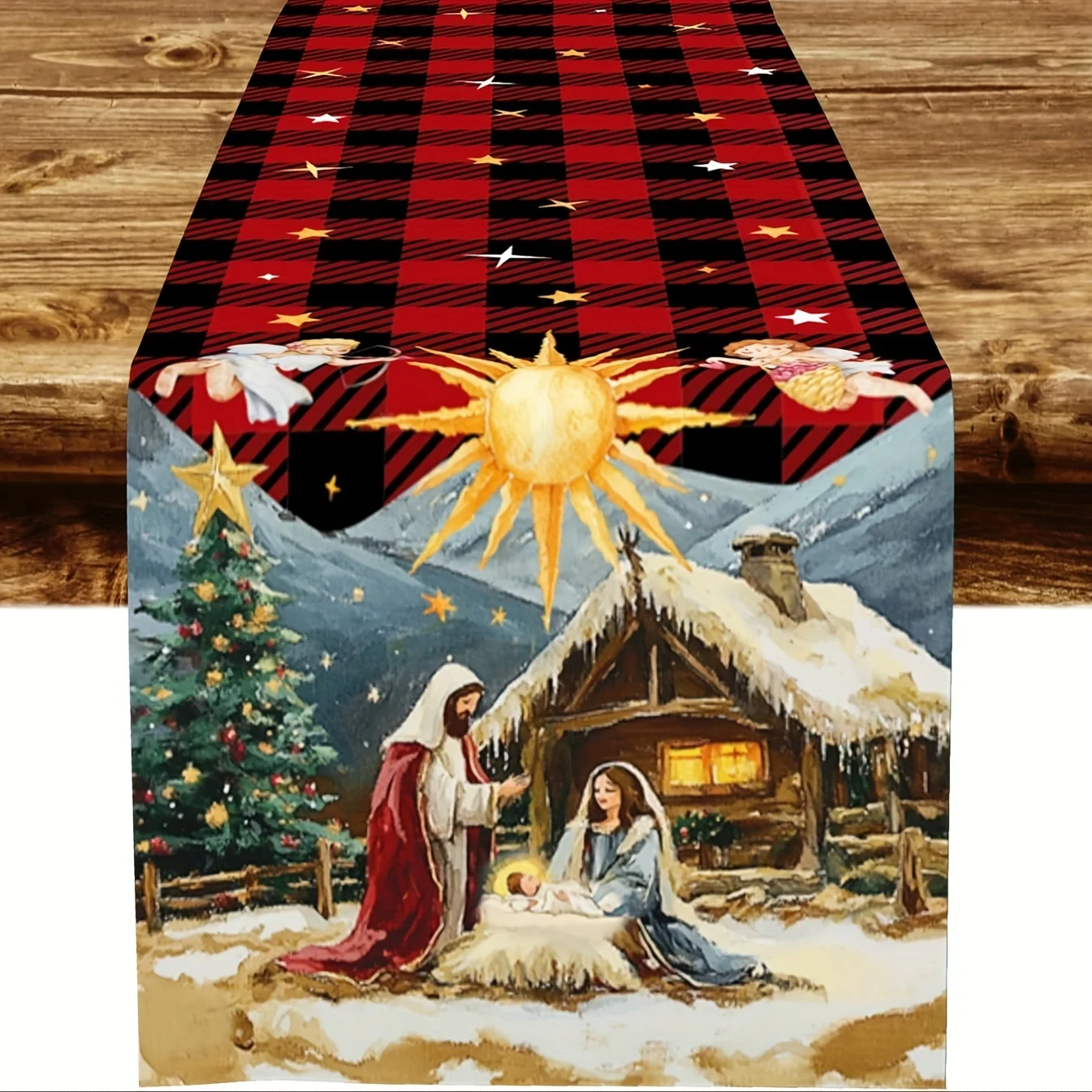 1pc Christmas Nativity Table Runner Long Winter Birth Of Jesus On Red And Black Plaid Table Runners Kitchen 33x183cm 33x210cm