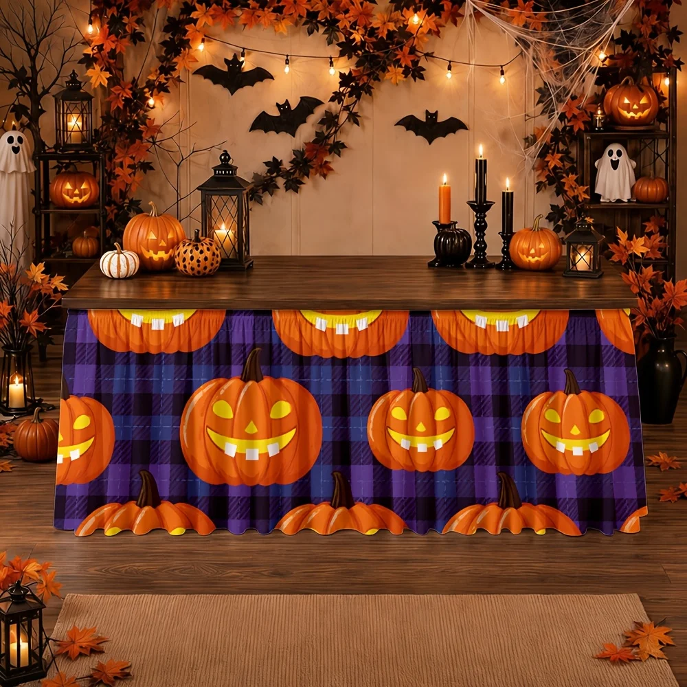 Table skirt / tableskirt, pumpkin lantern, check pattern, Halloween, atmosphere, warm color, autumnzyc
