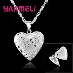 Hollow Out 925 Sterling Silver Chains Necklace Heart Shape Open Case Photo Frame Pendants Necklaces For Women Party Jewelry