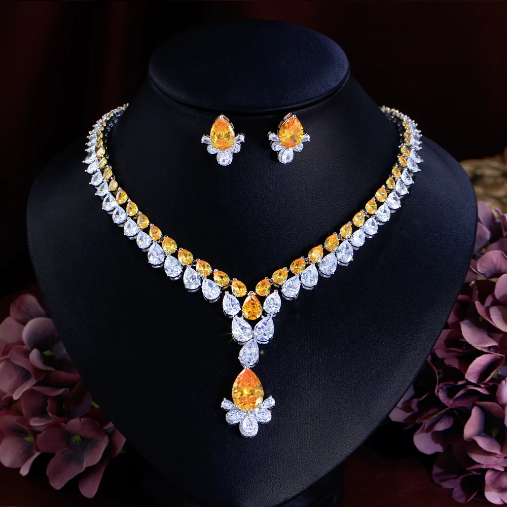 CWWZircons 2 Layer Water Drop Cubic Zirconia Big Chunky Necklace Party Brides Jewelry Sets for Women Luxury Wedding Decor T769