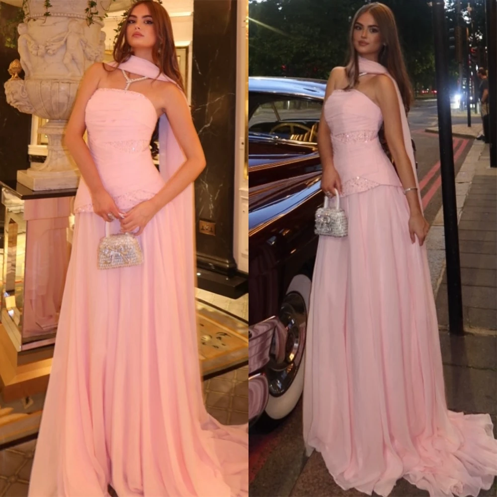 

Customized Elegant Chiffon Strapless Evening Dress Luxury Watteau Train Prom Dresses Fashion Sequined Special Occasion Gowns