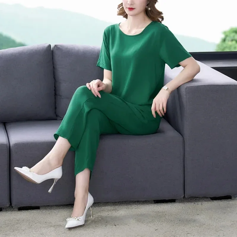 جديد عادية بلون قصيرة الأكمام الكاحل طول السراويل 2 قطعة مجموعة منتصف العمر الأم الزي القطن الحرير دعوى الصيف المرأة مجموعات #3