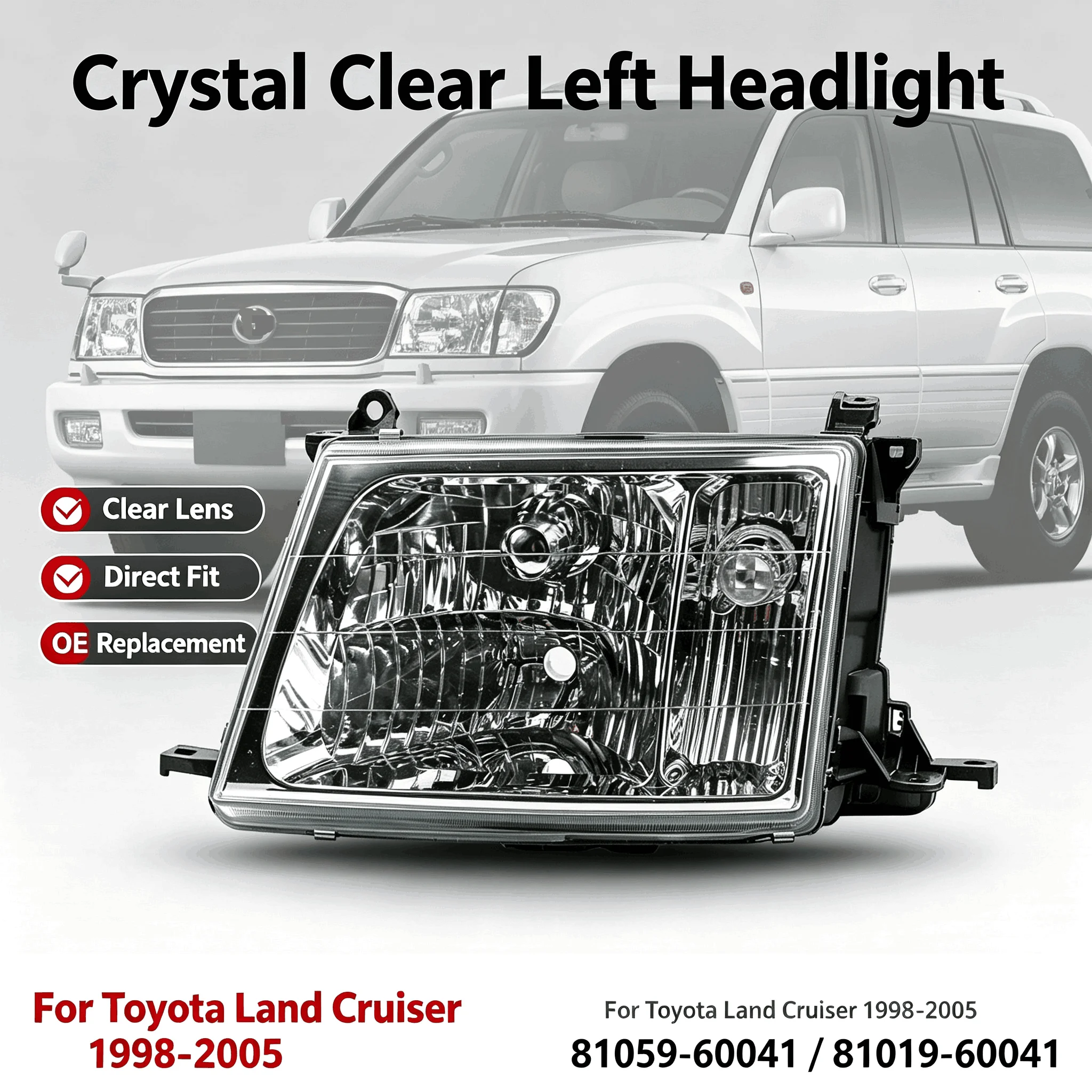 Left Crystal Headlight Assembly For Toyota Land Cruiser 1998-2005 Driver Side Front Head Lamp Manual Adjustment Clear Lens